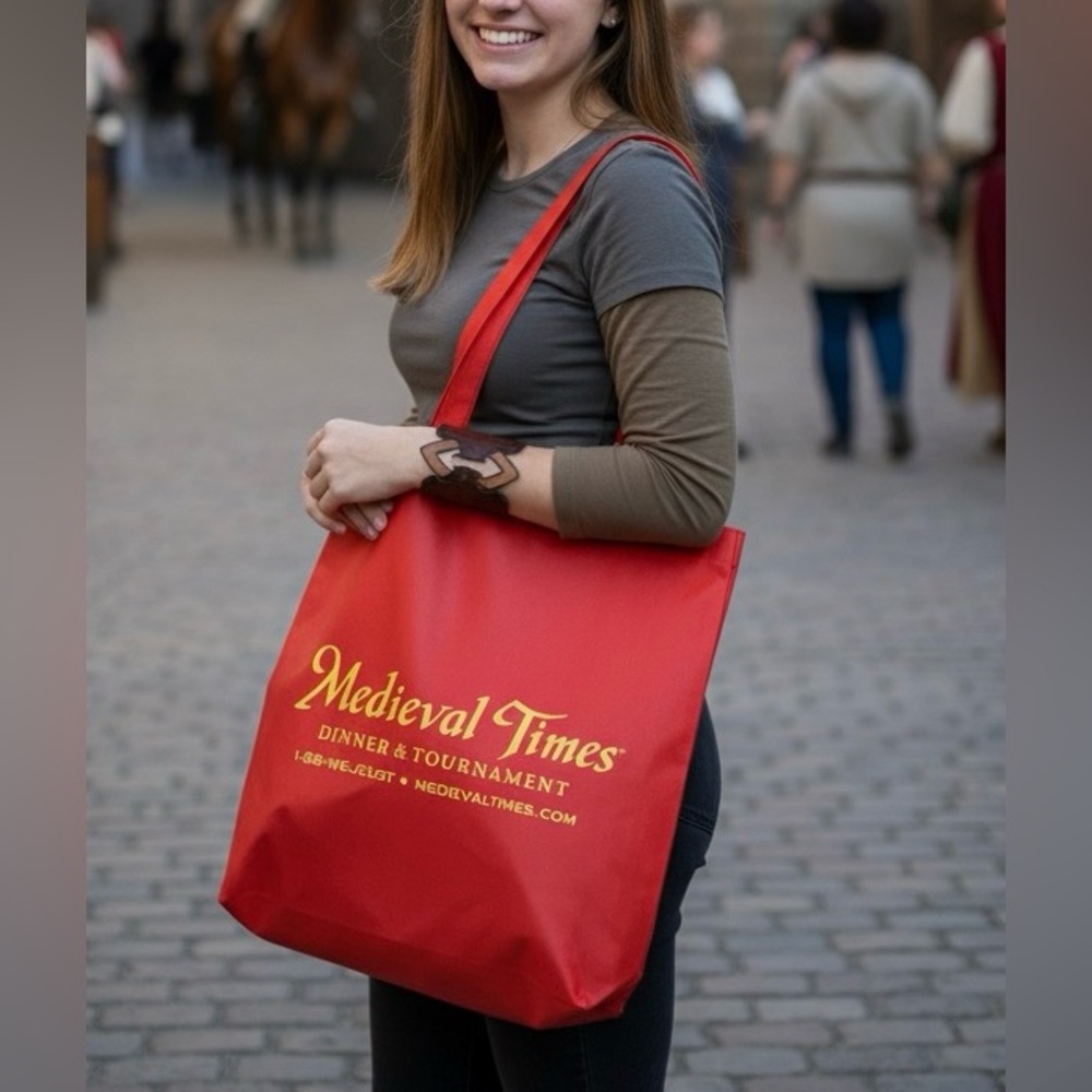 Medieval Times Dinner & Tournament Red Gold Logo Reusable Tote Bag